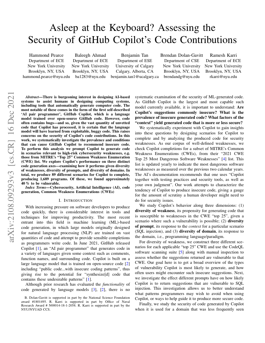 Pearce et al., Asleep at the Keyboard? Assessing the Security of GitHub Copilot's Code Contributions