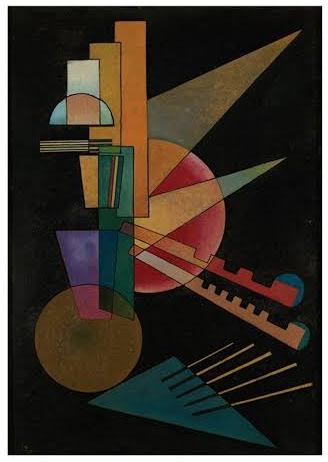 Abstract Interpretation (1925) by Wassily Kandinsky: geometric shapes in orange, teal, pink and gold against black